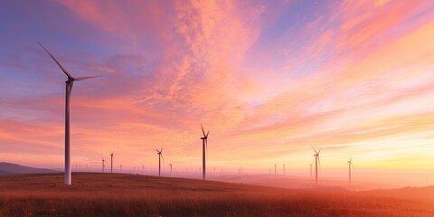 Obraz premium Wind turbines stand tall under a colorful sunset sky in a vast open field