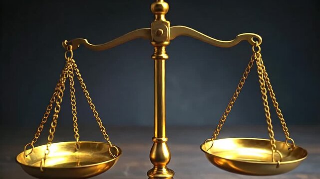 A golden balance scale on a wooden surface, symbolizing justice and fairness in a dark setting