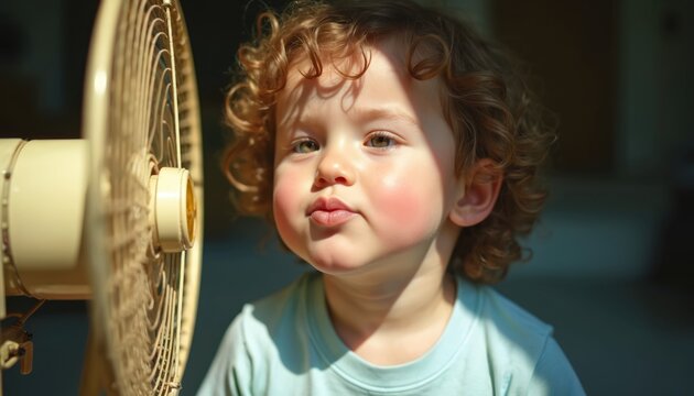 Toddler with curly hair feels cool air from vintage fan on hot summer day. Child enjoys breeze indoors, escaping warmth and staying comfortable at home.