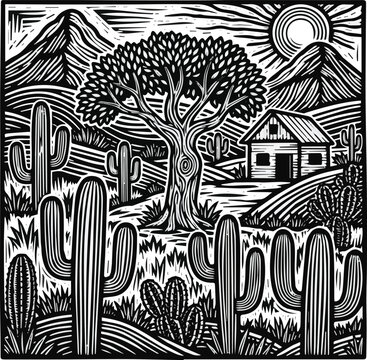 Generated on Landscape with cacti, tree, mountains, house and sun. Brazilian northeast cordel vector illustration. Woodcut style. Black and white on white background