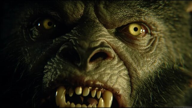 Extreme close up of snarling werewolf face with fangs and glowing eyes