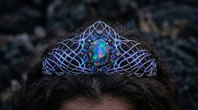 Royal Elven Tiara with Large Black Opal and Purple Gemstones