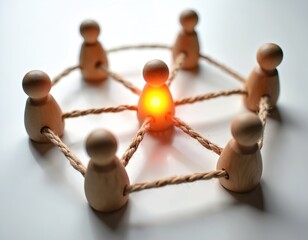 Obraz premium Wooden figures form circle connected by rope, with one figure glowing brightly. Represents teamwork, community, central leadership or innovation. Shows unity, cooperation, shared effort in group.