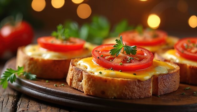 Toasted bread slices with melted cheese, tomato slices are served on wooden board. Garnished with fresh parsley, these open-faced sandwiches look delicious, are perfect for quick meal or appetizer.