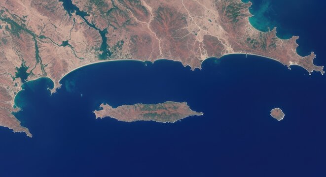 Satellite view of coastal landscape with islands and blue ocean, aerial perspective of shoreline and arid terrain, earth observation photography