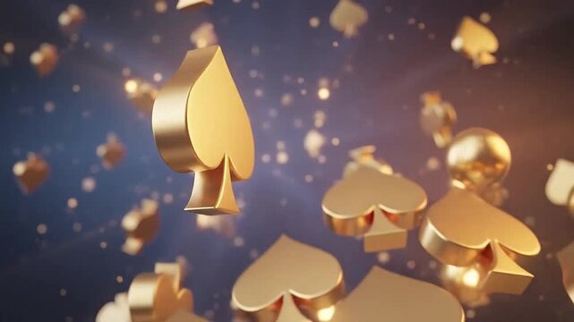 Golden playing card symbols floating in a dark space with sparkling light effects and particles