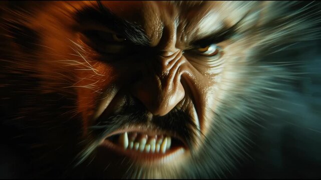Close up of a werewolf face snarling with sharp fangs