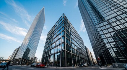 Obraz premium A modern cityscape with sleek skyscrapers and a bustling street on a sunny day