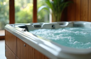 Bubbling jacuzzi filled with clear water, surrounded by warm wooden paneling. Modern spa tub inside with large window view of green garden. Peaceful hydrotherapy experience for home.