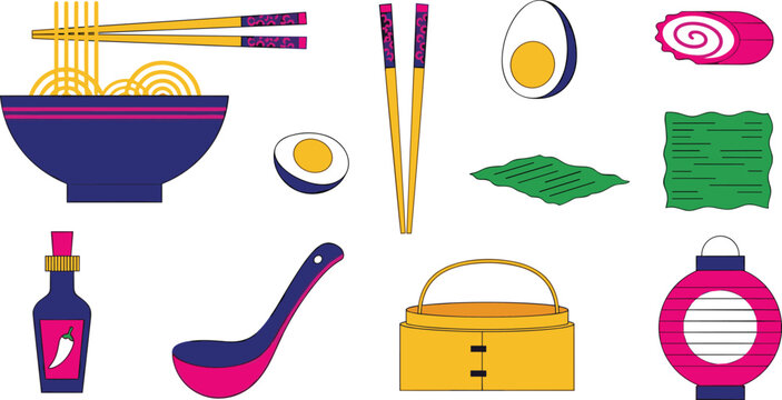 Japanese Ramen and Noodle House Vector Icon Set Featuring Ramen Bowl, Chopsticks, Soft Boiled Egg, Narutomaki Fish Cake, Nori Seaweed, Bamboo Steamer, and Japanese Lantern