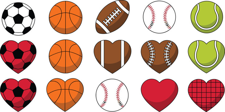 Sports balls and heart shaped athletic icons set featuring soccer basketball football baseball and tennis designs for fan love and team spirit