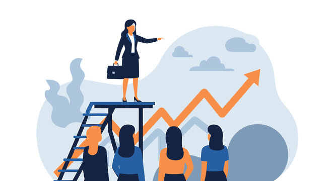 Businesswoman Standing on Ladder Pointing Upwards, Leading Team to Success.