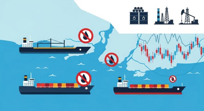 Global oil trade embargo concept, maritime shipping sanctions and fuel export ban, crude oil market price volatility with cargo ships and stock chart