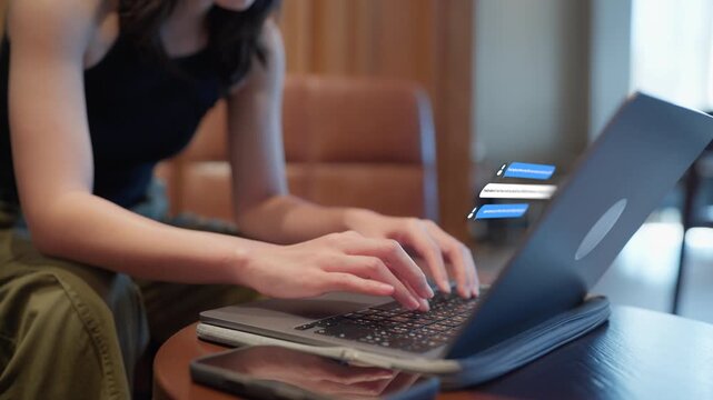 Close-up of hands typing on laptop, chatting with AI financial assistant about the 50/30/20 budget rule for personal money management and smart planning.