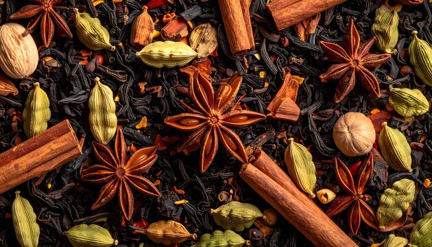 Aromatic background texture of dry masala chai tea blend featuring star anise cardamom and cinnamon