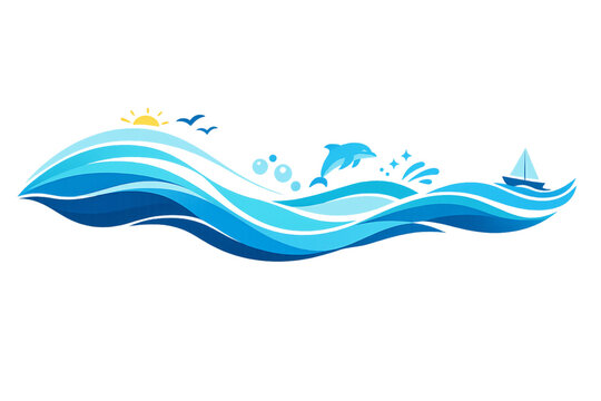 Ocean waves and playful creatures, ocean waves illustration, playful sea creatures, marine life scene, underwater animals, cute ocean animals, dolphins and fish, sea turtle illustration, colorful mari