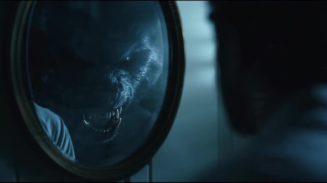 Man looking in mirror seeing scary werewolf face reflection