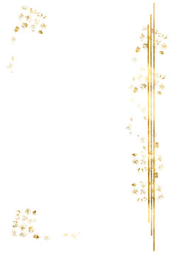 Watercolor Gold foil pieces flake. Old gold texture. Gold line frame. Luxury romantic wedding invitation decoration elegant poster design. Png illustration. Gold Border frame hand drawn line.