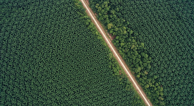 Aerial Palm Oil Plantation Road and Tropical Forest - Sawit