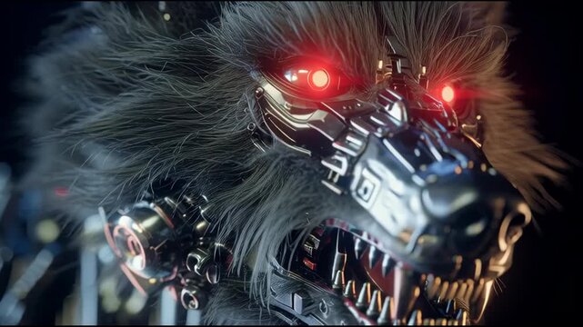 Cybernetic Werewolf Head with Glowing Red Eyes and Robotic Parts