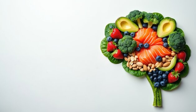 Brain-shaped arrangement of healthy food including salmon, berries, avocado, nuts, vegetables. Focuses on nutrition, diet, cognitive function. Promotes wellness, healthy eating habits on white
