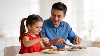 Man and girl eating dinner together