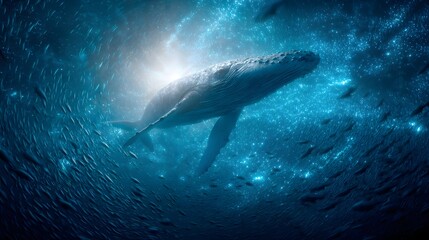 Fototapeta premium whale in deep blue water. Cinematic majestic humpback wildlife photography. Nature scene with massive marine animal.
