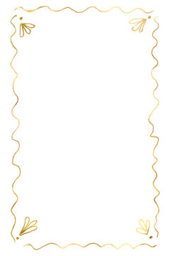 Gold foil frame. Cute romantic wedding invitation decoration elegant poster design. Png illustration. Frame border line hand drawn doodle rectangle vintage wavy bow picture. PNG illustration isolated.