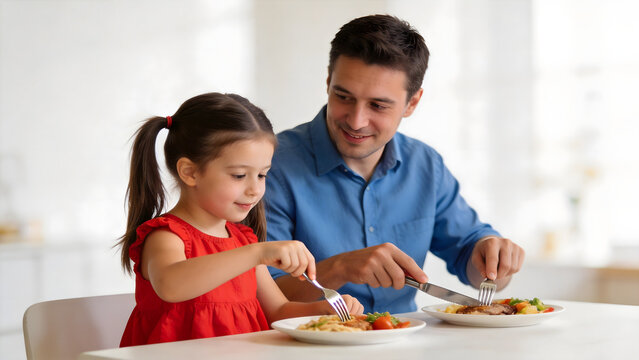 Man and girl eating dinner together