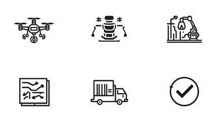 Fototapeta premium Innovative Icons of Progress: A curated set of vector icons symbolizing advancements in drone technology, aerospace exploration, automated manufacturing, and logistics.