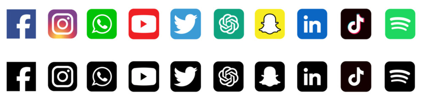 Latest & Popular Social media icons vector set. Social network logos set. Instagram, Facebook, YouTube, X , Snapchat, WhatsApp, LinkedIn, TikTok, Chatgpt, Spotify.