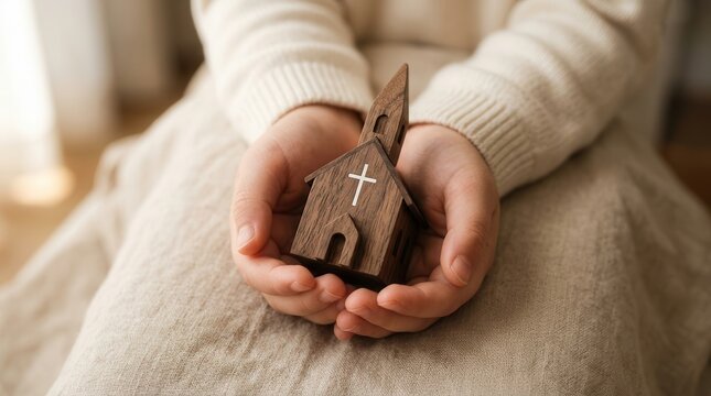 Child hands holding a small wooden church representing a welcome new faith concept.