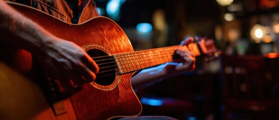 Fototapeta premium The acoustic guitar player strums warm wood tones in an intimate dimly lit bar