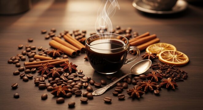 Delicious Coffee Cup with Cinnamon and Star Anise on Table.