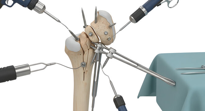 Orthopedic Knee Fracture Fixation With Screws Pins External Fixator and Surgical Instruments

