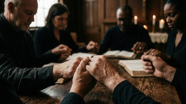 Christian group of people holding hands in prayer and worship around an open Bible.