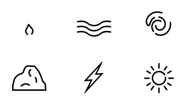 Elemental Icons: A minimalistic collection of elemental icons, including water, earth, fire, air, and energy, on a clean, light backdrop.