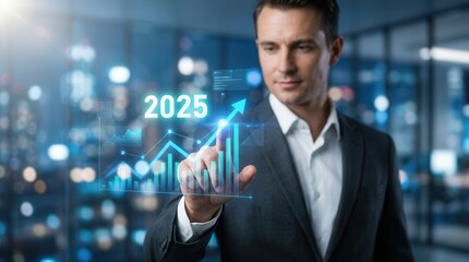 Obraz premium Businessman planning corporate future growth with an increasing arrow graph for the year Corporate business strategy and new goals for 2025 shown through a rising financial chart.