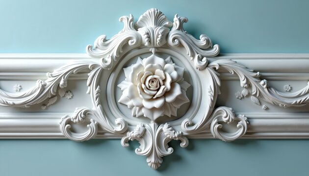 Intricate white plaster molding with floral reliefs accents a soft blue wall. Decorative carved rose design adorns central cartouche. Elegant ornate interior detail.