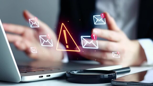 Business person discusses email notifications and alerts on laptop during work hours in a modern office setting.