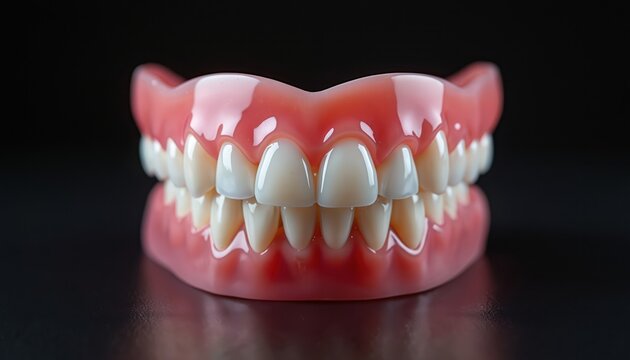 Full set realistic artificial teeth arrangement. White shiny dental implants with pink gums sit on black background. Perfect smile prosthesis for upper and lower jaw.