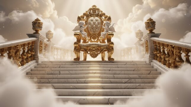 A majestic golden throne sits atop marble stairs, surrounded by clouds and bathed in heavenly light, evoking divine royalty and grandeur.