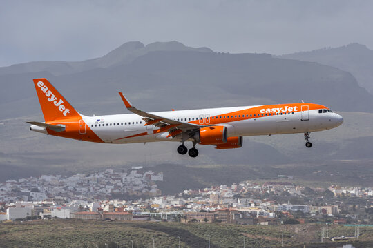 EasyJet Airbus A321neo airplane at Gran Canaria airport in Spain