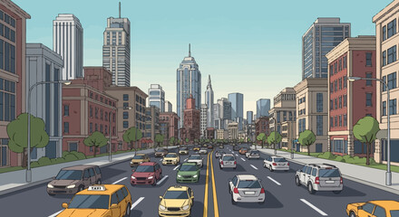 Obraz premium Busy City Street with Traffic and Skyscrapers