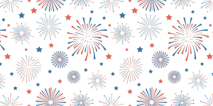 Red white and blue fireworks and stars seamless pattern vector illustration for American Independence Day patriotic celebration and holiday background