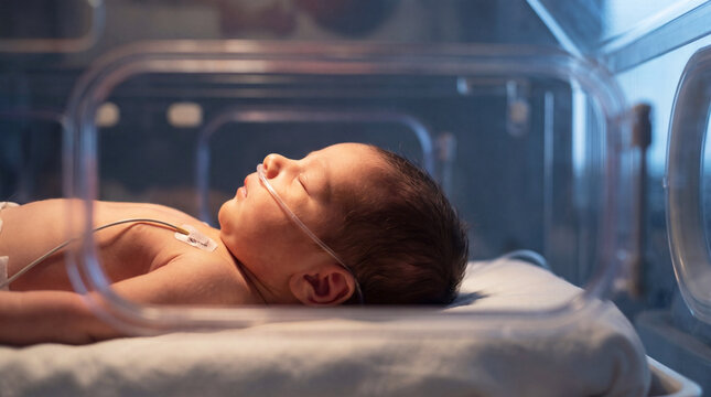 Newborn baby in neonatal incubator with monitoring equipment in hospital care unit