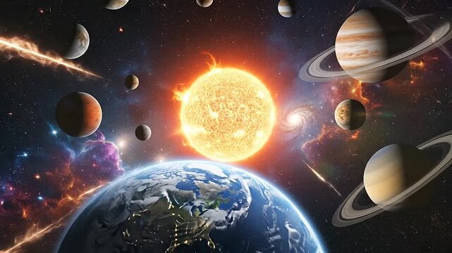 A vibrant depiction of the cosmos, featuring planets, stars and a bright sun in space