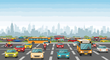 Obraz premium Busy City Traffic Jam with Cars, Buses, and Motorbikes on Highway