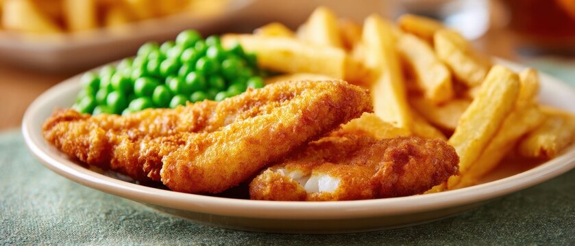 The Fish and Chips Plate with Golden Fried Fish, Crispy Fries and Bright Peas