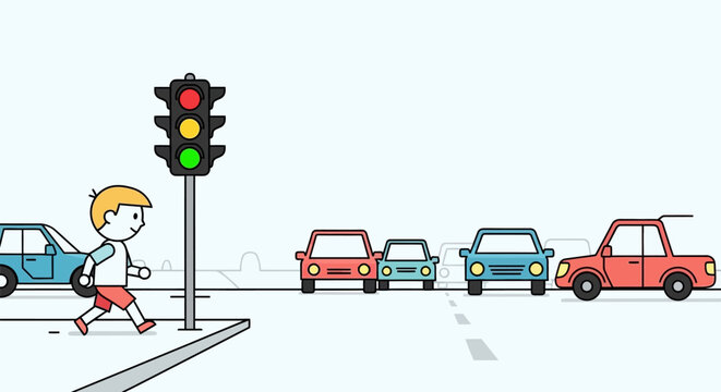Boy crossing street at traffic light, cars waiting, safe pedestrian concept